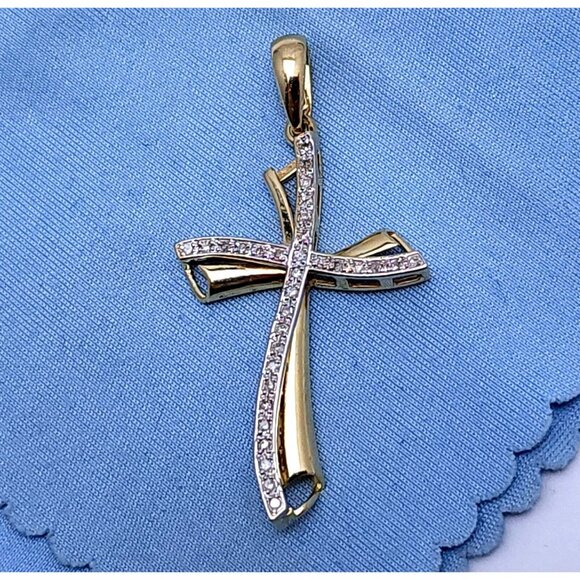 Unique 14K Solid Two Tone Multi Color Gold Religious Diamond Cross Charm Pendant - Picture 5 of 14